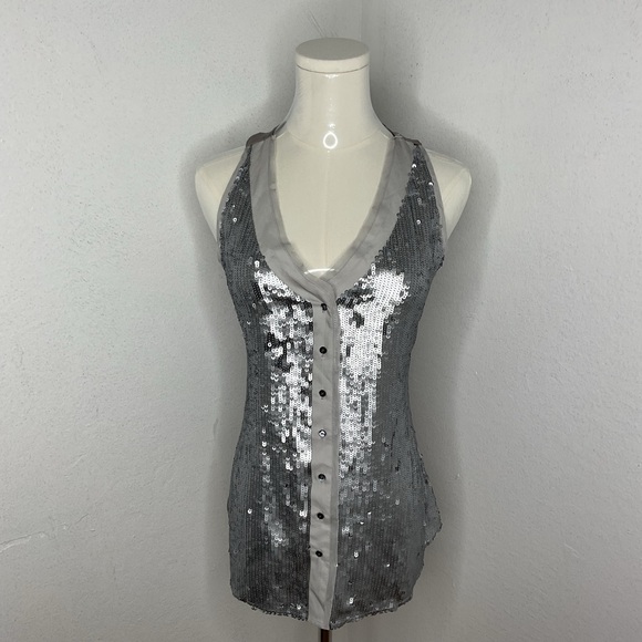 Y2K Sequin Silk Festival Party Top Banana Republic Heritage Silver Halter Top S - Picture 1 of 12